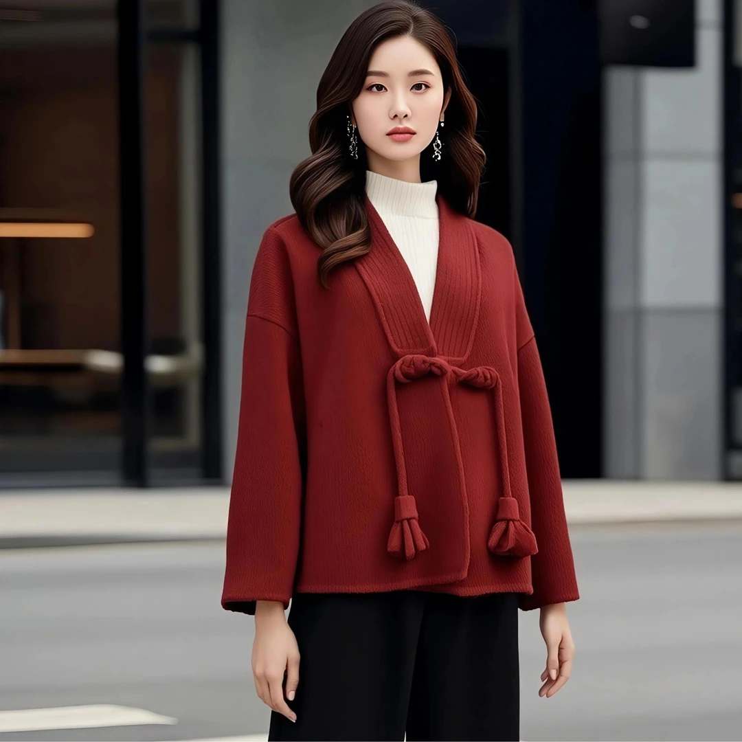 YAHONGNA无领开衫时尚百搭气质短款双面羊绒女外套2025秋冬新品