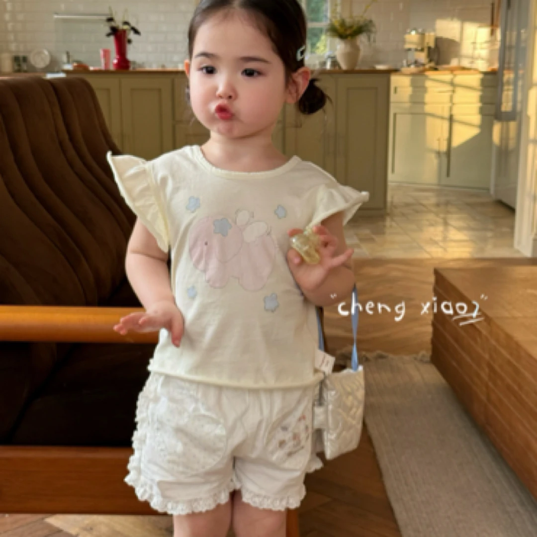 『橙小7』正品25夏女童短袖背心上衣可爱大象飞飞袖背心后背打结