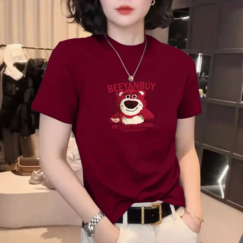 红色正肩短袖t恤女大码夏季韩版修身显瘦体恤衫洋气卡通印花上衣