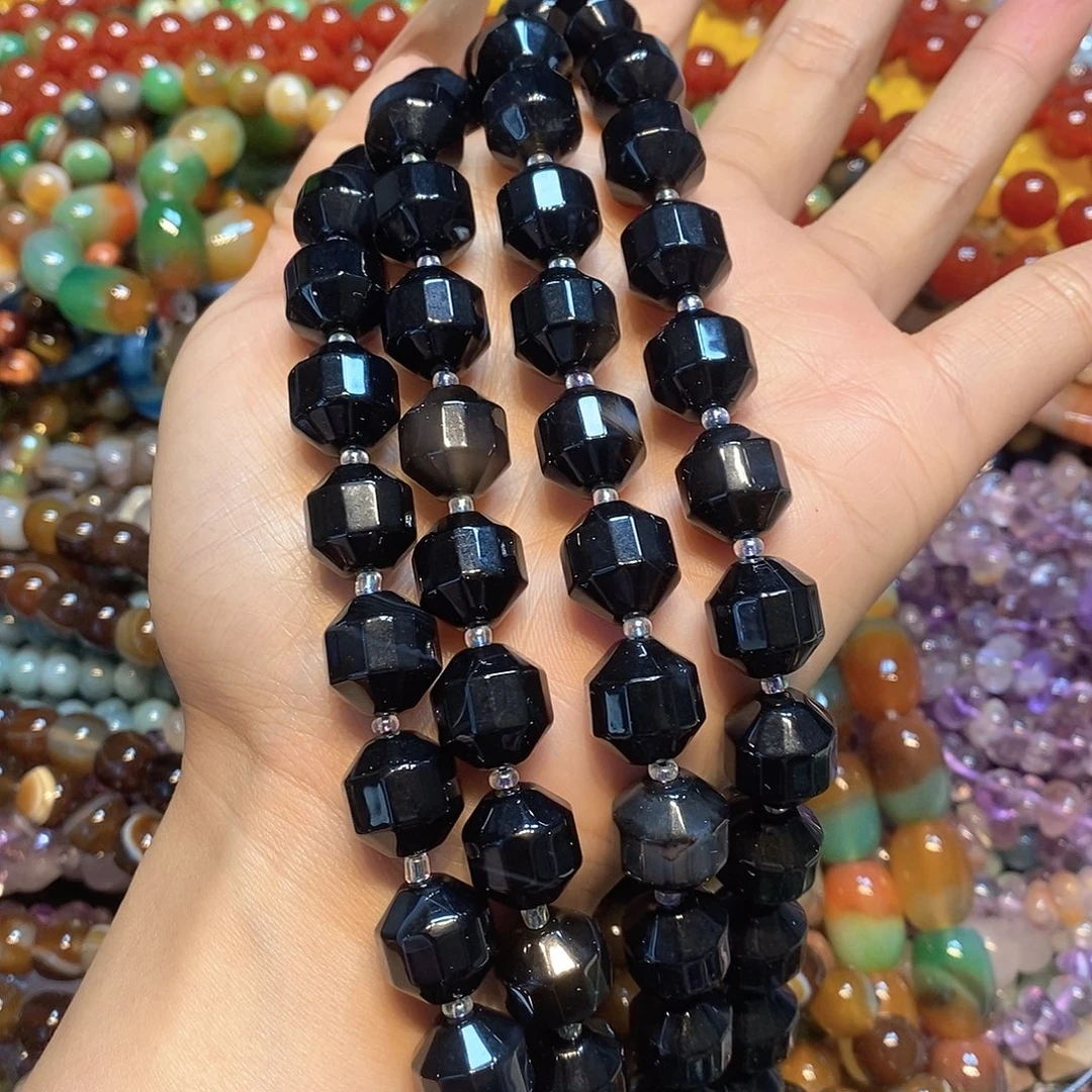 玛瑙/玉髓未镶嵌珠宝半成品天然黑玛瑙路路通一条14mm