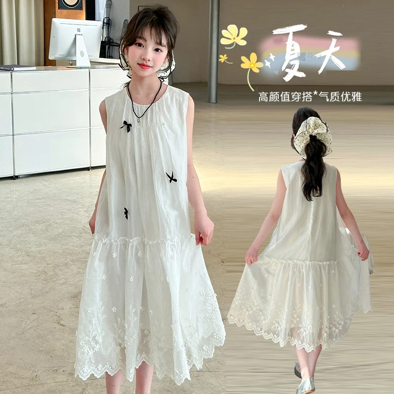 女童夏季无袖蕾丝拼接蝴蝶结甜美中长款连衣裙中大童9-15岁高级感