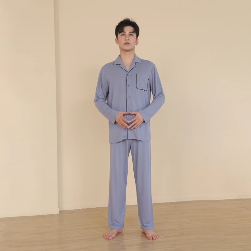 帝日斯诺男士翻领开襟竖条弹力家居服套装