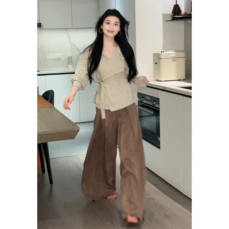 MARIE.COCO早秋季不规则v领长袖衬衫女高腰垂感显瘦休闲裤套装