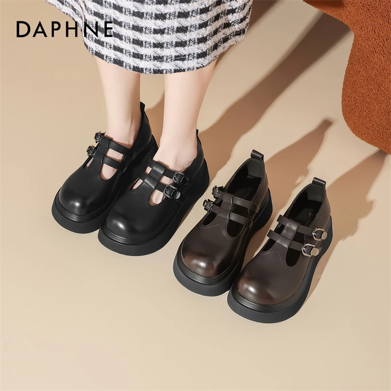 达芙妮时尚百搭复古中口气质优雅学院风玛丽珍圆头皮鞋厚底单鞋