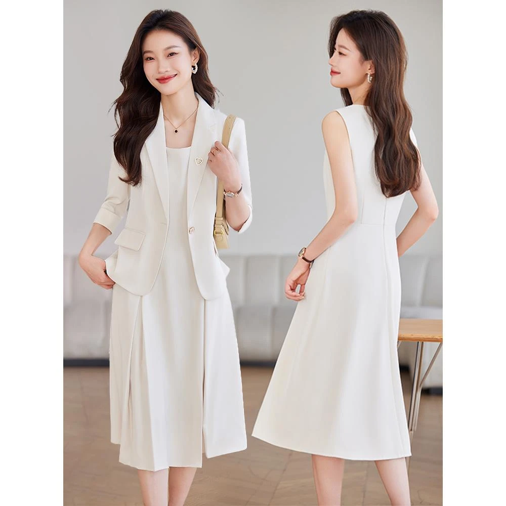 白色西装连衣裙女夏季2025新款内搭工装裙高级感职业套装裙两件套