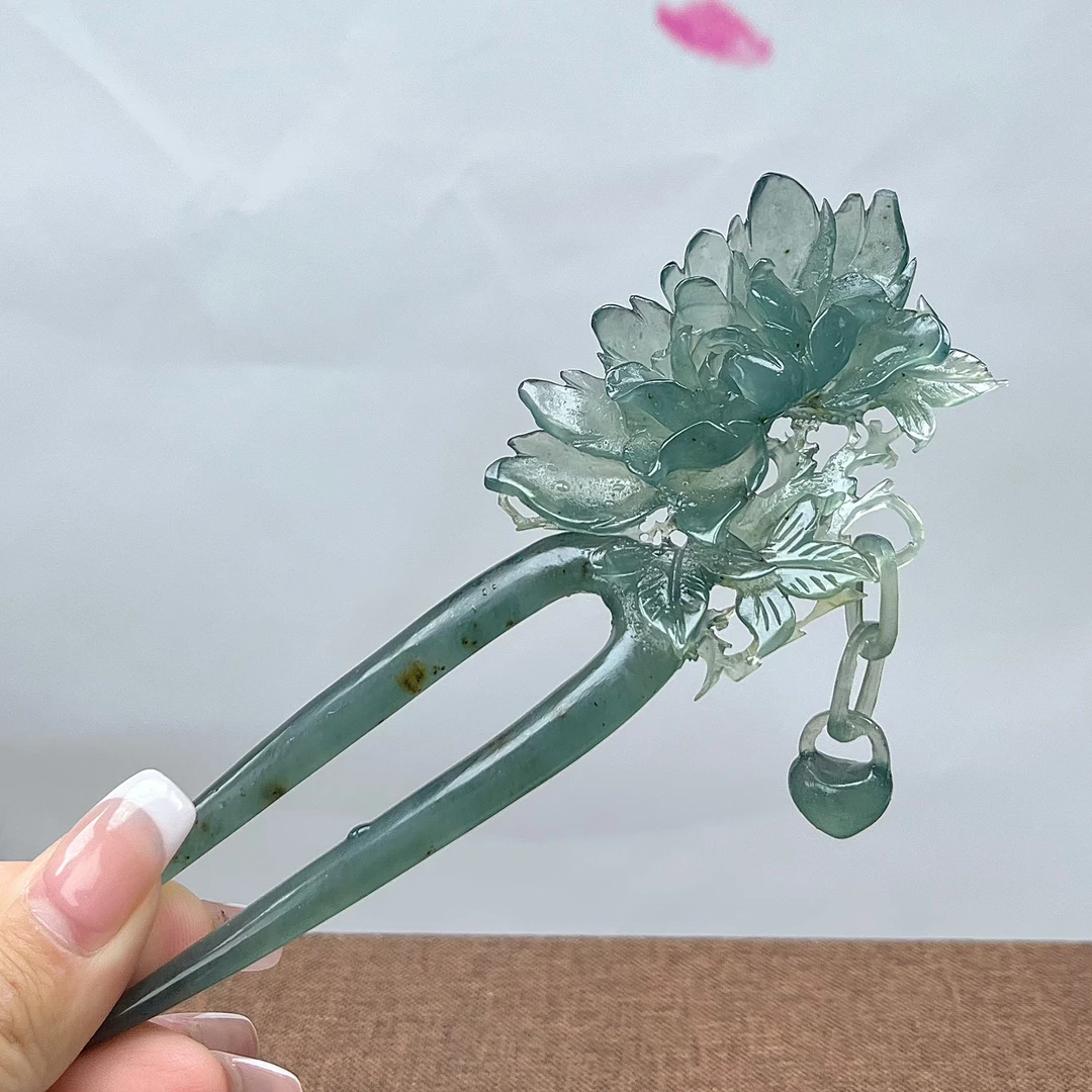 岫玉高品质蓝水牡丹发簪   整体长度15cm  簪体入发长度9cm