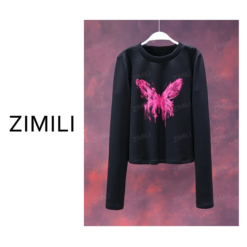 【亮哥女装】2025秋冬新品《玫粉蝶影》午夜黑蝴蝶印花打底衫1889-A1