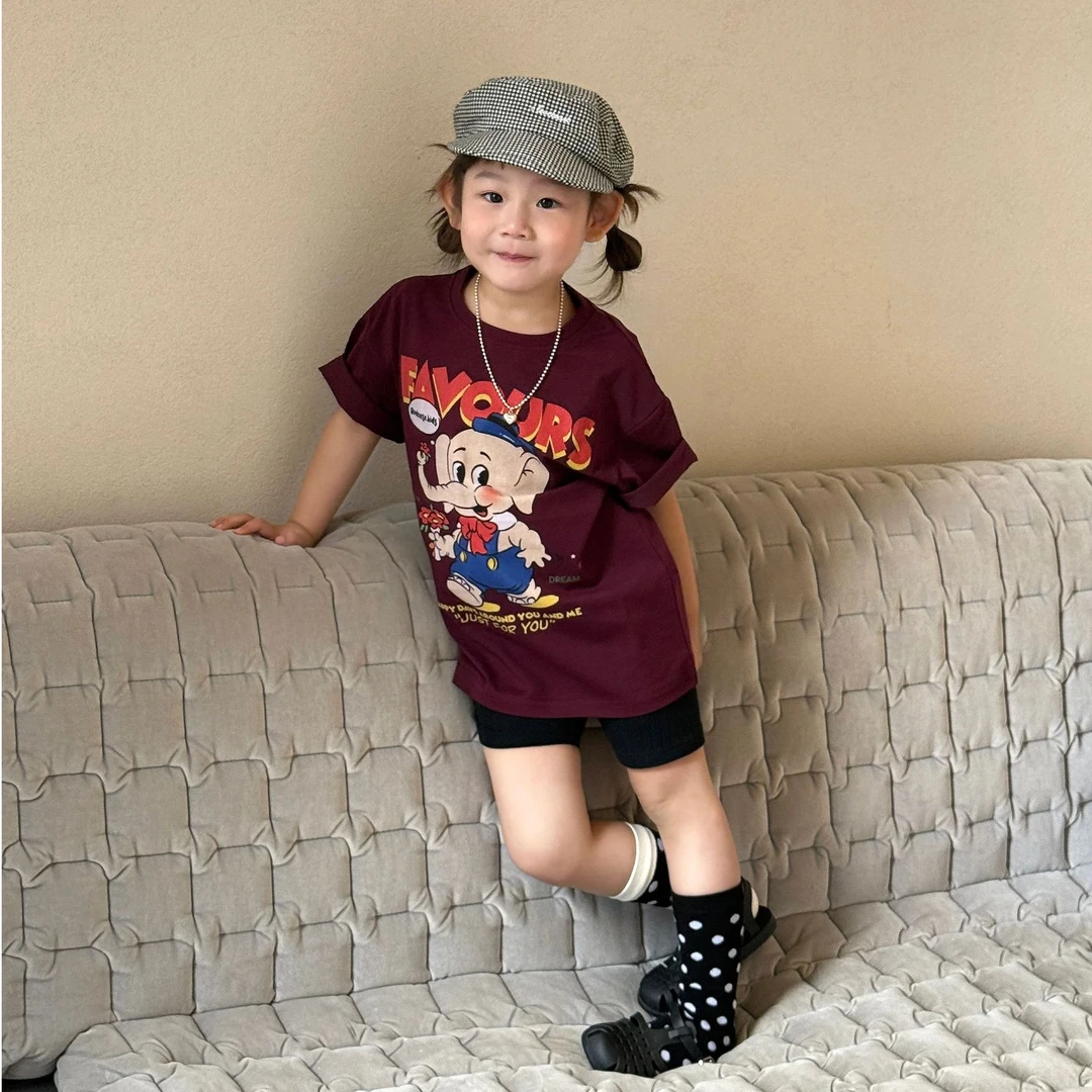 壹妈韩版童装女童夏装套装洋气儿童紫色t恤短袖卡通上衣打底短裤