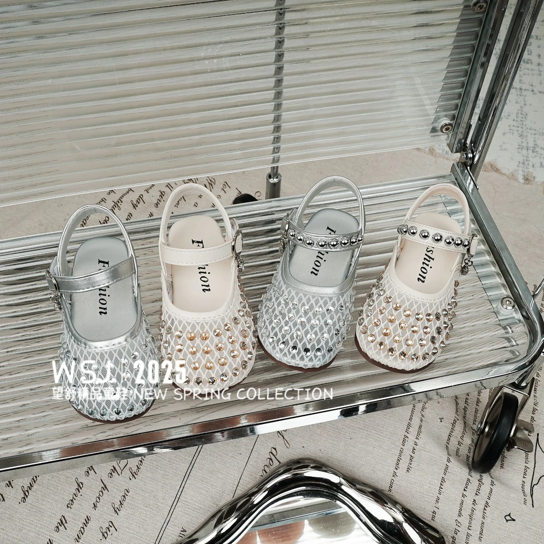 望舒家2025夏季女童包头凉鞋软底透气网面水钻公主鞋89