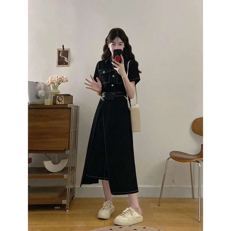 现货大码女装牛仔旅人港味简约复古风一片式收腰显瘦连衣裙胖MM