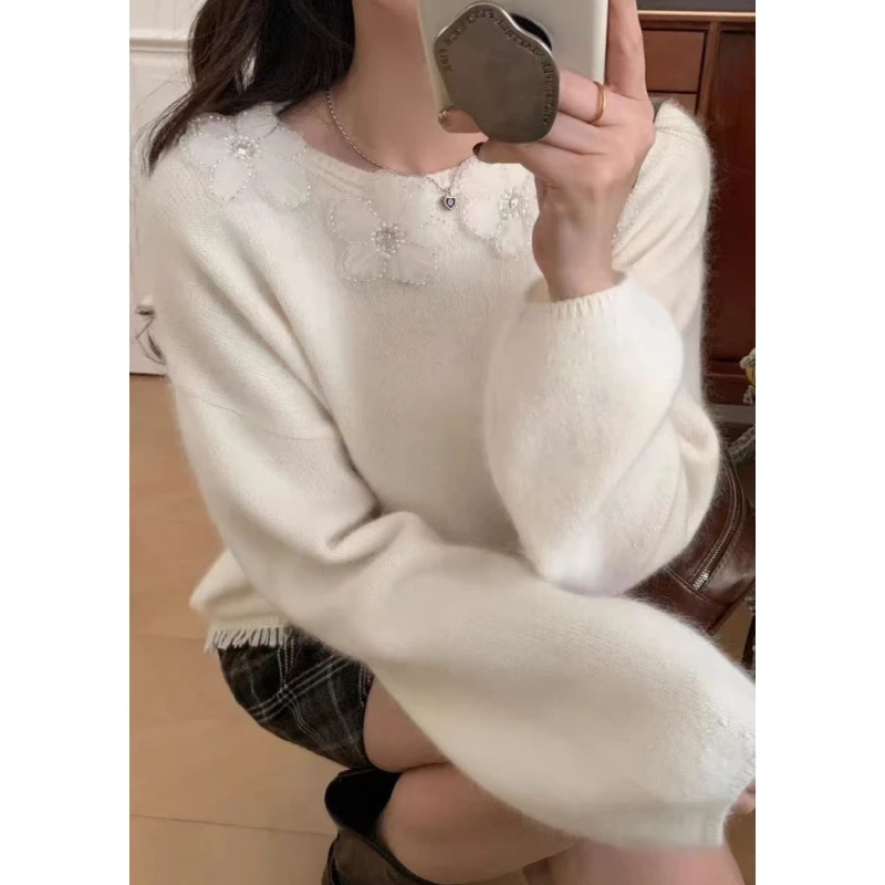 韩系江南特色流苏刺绣花朵纯色毛衣加厚秋冬长袖女