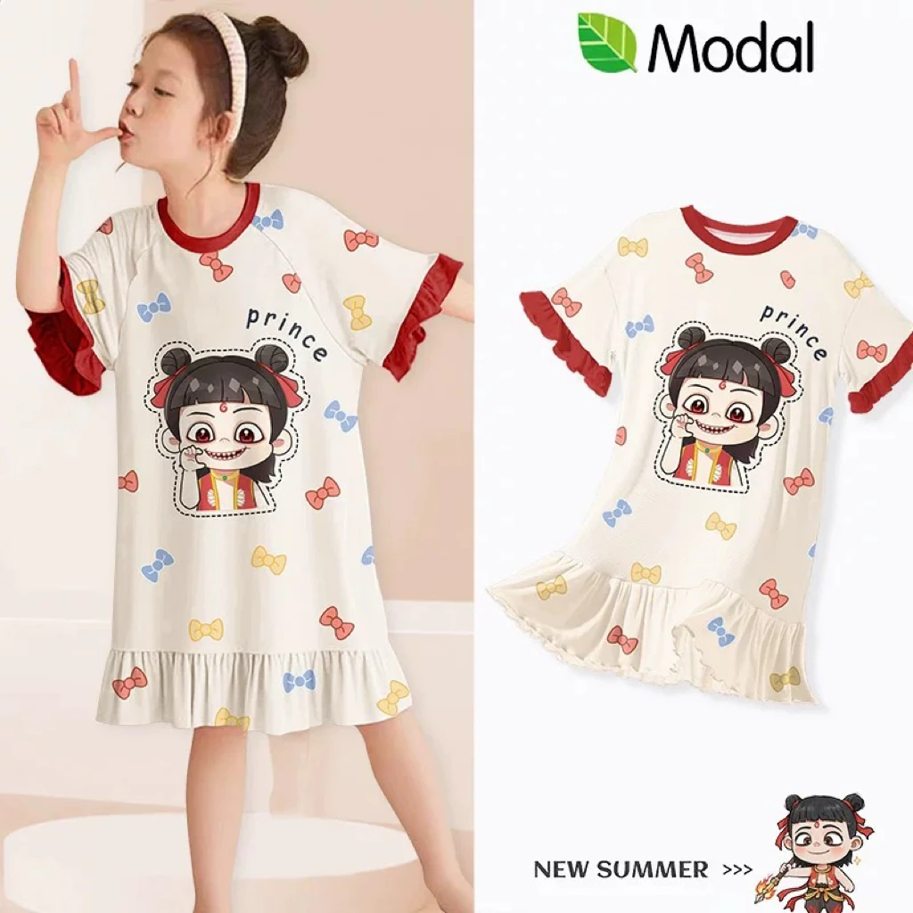 儿童睡衣夏季薄款短袖女童睡裙卡通空调服小女孩公主风家居服裙子