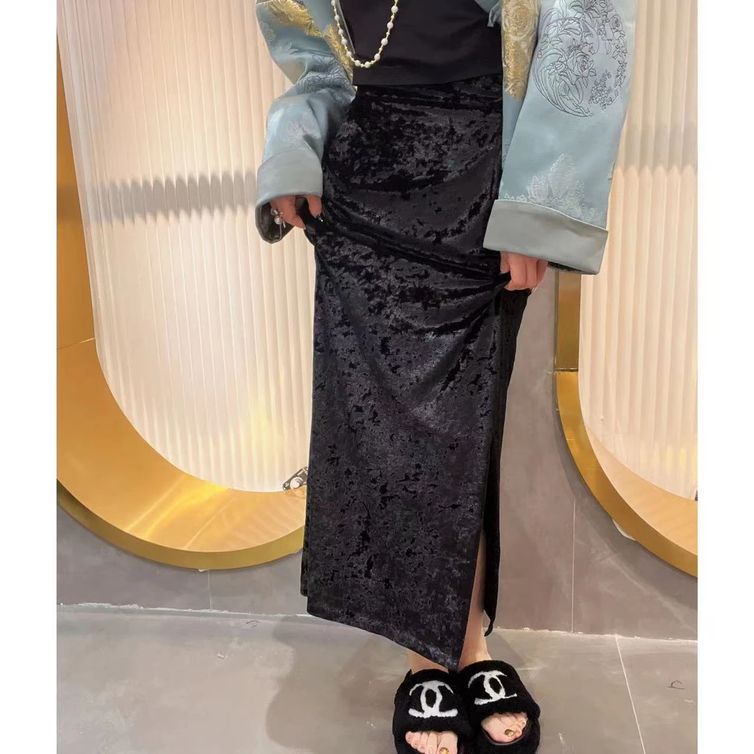 现货 新中式钻石绒气质显瘦加绒加厚开叉半身裙