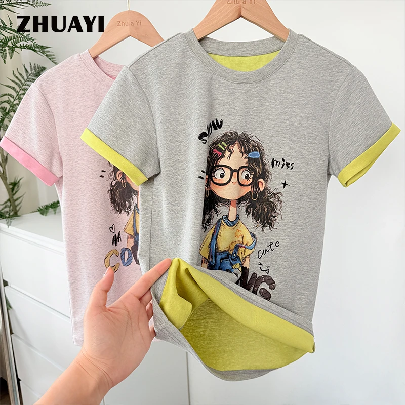 朱阿姨2025夏季女大童短袖彩色英文女孩涂鸦短袖宽松T恤圆领休闲