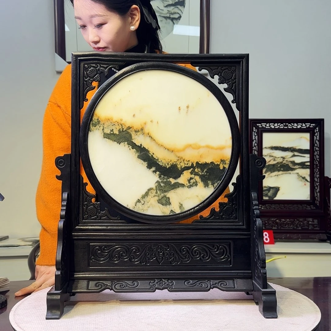 石材42×49天然大理石画屏风摆件