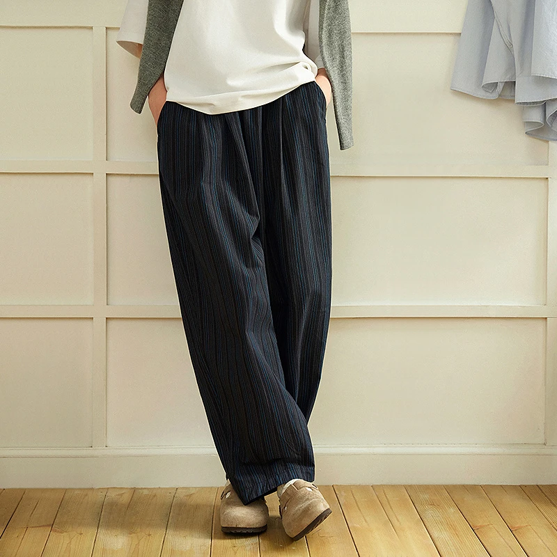 714street轻薄条纹质感休闲裤25春季新全棉舒适宽松直筒裤512252