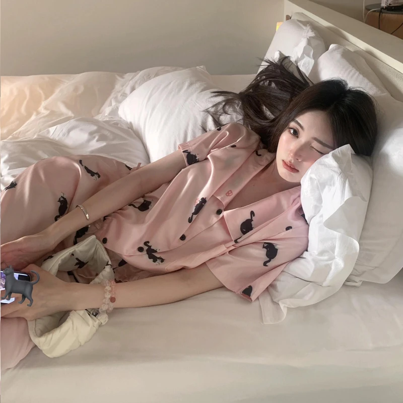 韩国高级睡衣女夏季冰雪丝ins风可爱猫咪舒适凉感短袖家居服套装