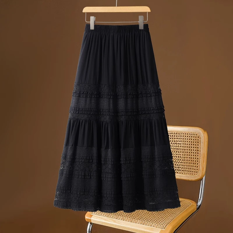 拉夏贝尔A字时尚显瘦网纱裙女2025年夏季蕾丝蛋糕裙子高腰半身裙