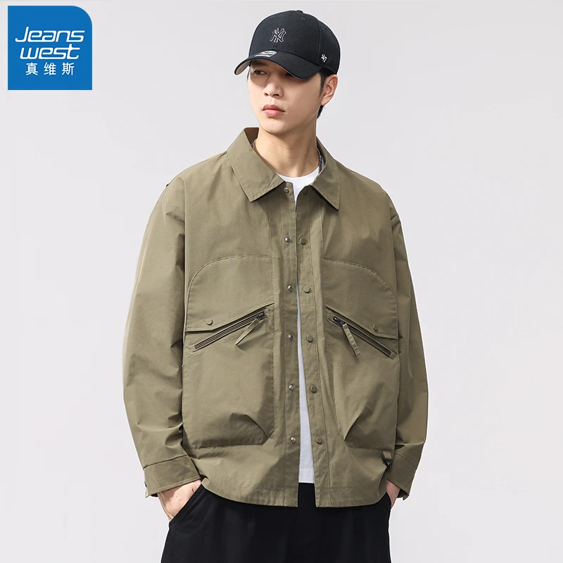Jeanswest/真维斯翻领休闲外套男秋季潮流百搭上衣帅气工装夹克男