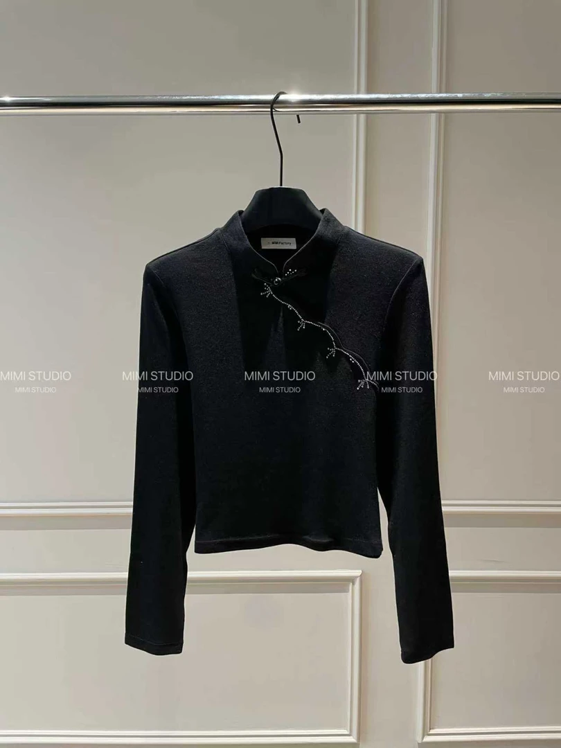 2025早秋新款 国风立领烫钻设计长袖T恤女修身显瘦百搭上衣671#