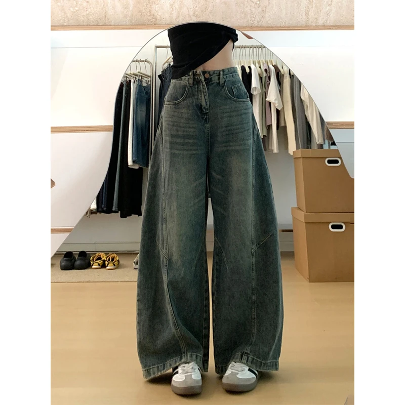 美式复古解构弯刀牛仔裤女新款做旧宽松阔腿显瘦百搭直筒拖地裤子
