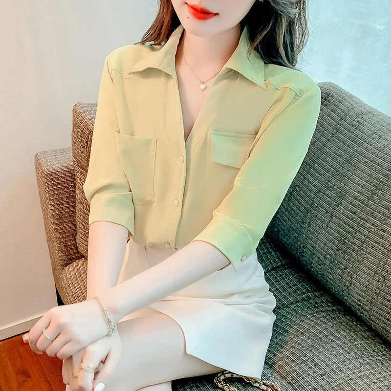 2025年新款春夏季女士雪纺衬衫女装夏装气质短袖上衣设计感衬衣女