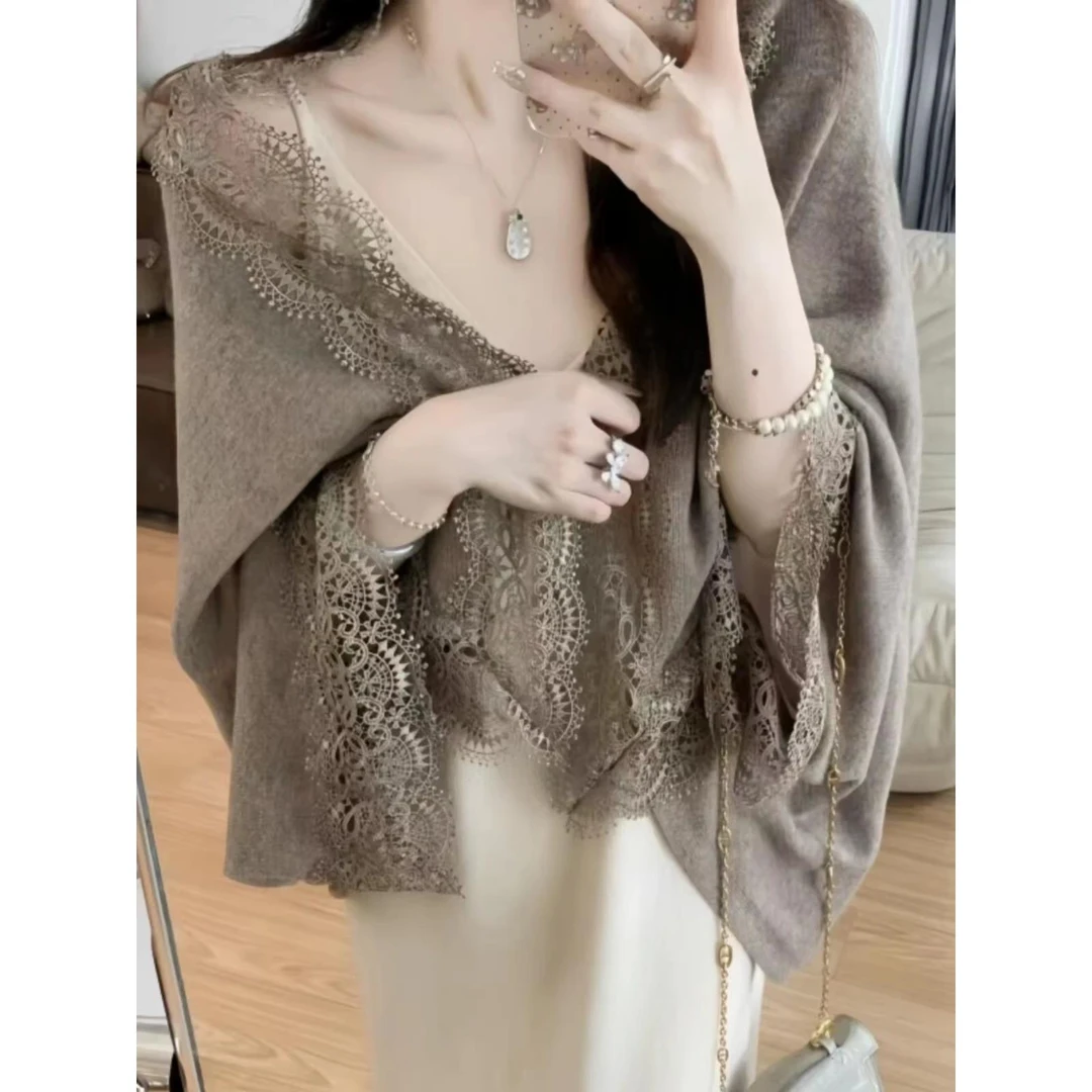 法式气质蕾丝花边针织披肩外搭开衫女秋冬围巾斗篷配旗袍裙子毛衣