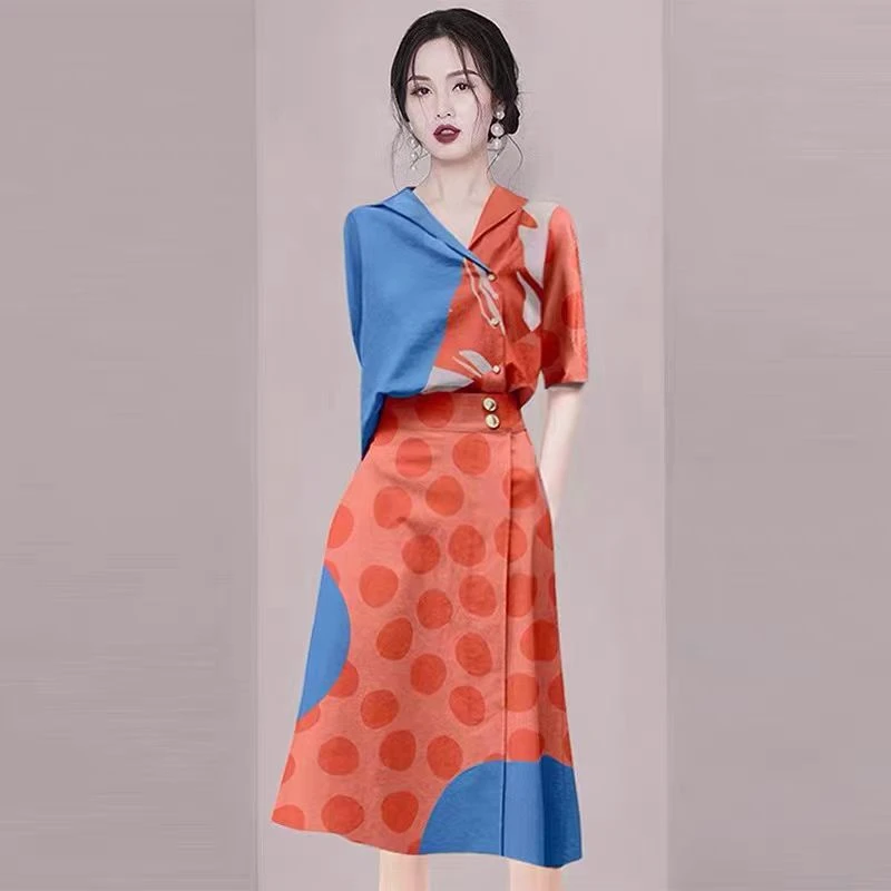 休闲时尚套装女2025新款秋夏印花衬衣A字半裙两件套洋气
