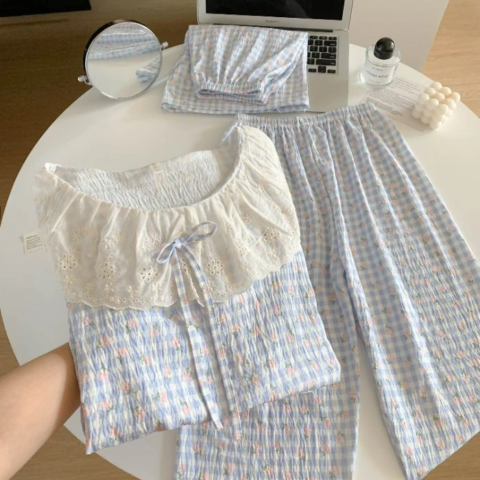 芯语婷夏季新款ins大翻领蕾丝花边睡衣三件套女韩版家居服可外穿