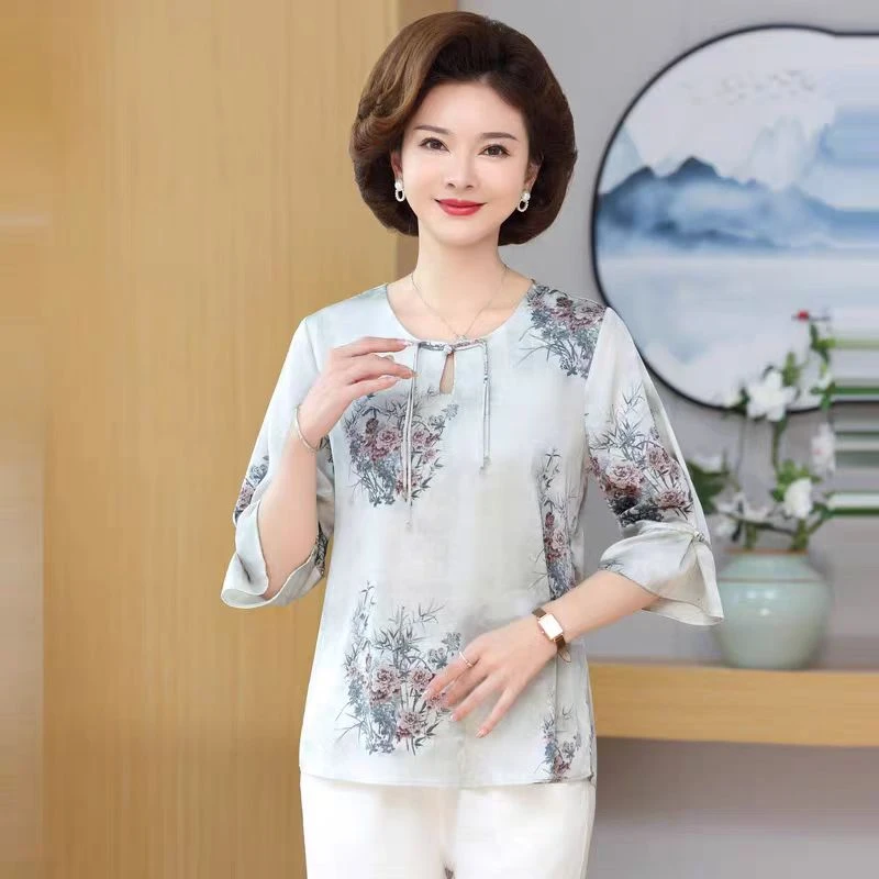 9525-夏季新款新中式国风气质减龄中袖妈妈装上衣C7-4-2