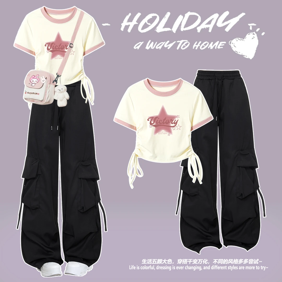 正肩短袖T恤大童套装夏季爆款12-15岁女孩显瘦高腰工装裤少女学生