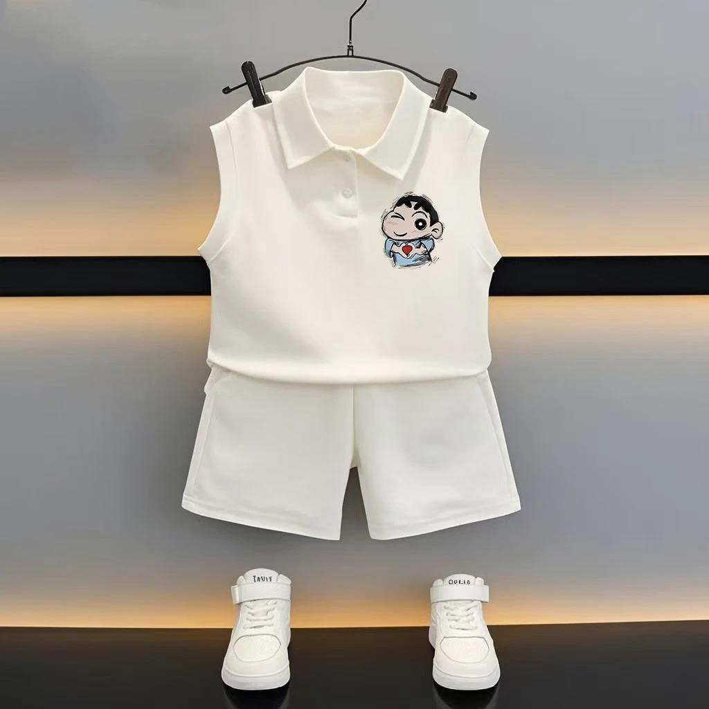 潮流新款百搭可爱童装polo无袖背心短裤纯棉两件套休闲运动打底衫