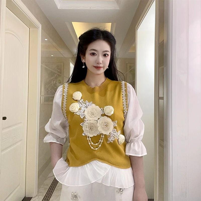 2025新款温柔圆领立体高级花朵减龄假两件拼接上衣气质收腰显瘦