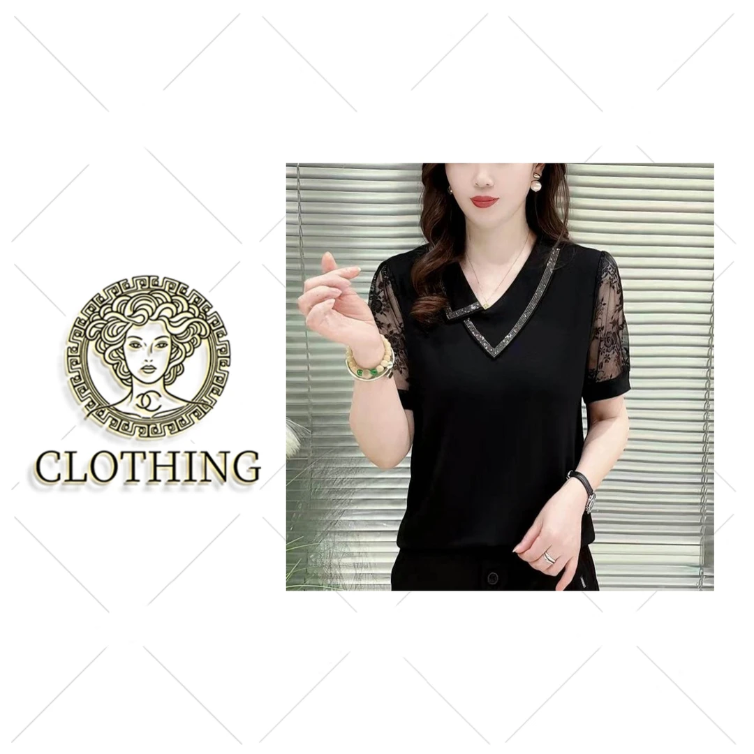 【CLOTHING/原创设计】璀璨烫钻镶边V领蕾丝短袖时髦气质小衫#6721