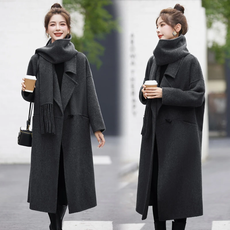 双面羊毛大衣女2025春秋新款气质赫本风小香风牛角扣时尚毛呢外套