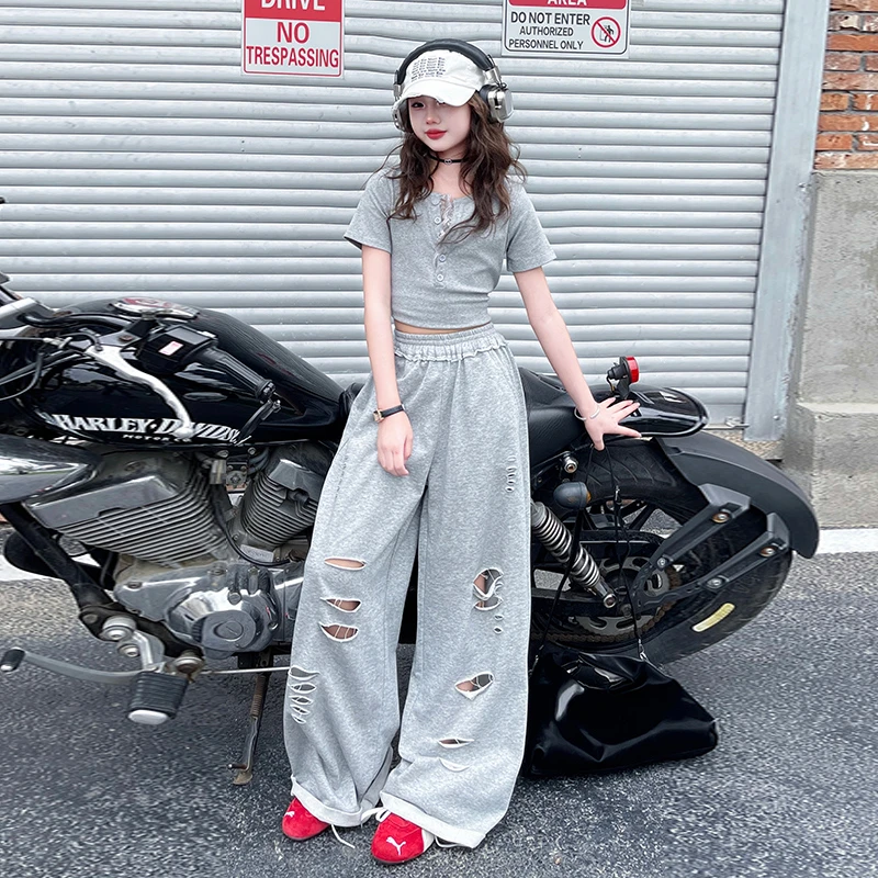 【毛妈潮牌】女童夏装潮纱针织破洞裤套装2025中大童时髦洋气两件套