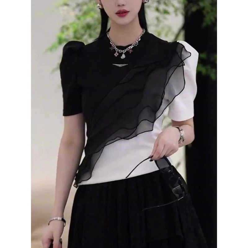 高级设计感气质圆领黑白拼接短袖2025年夏季冷淡系百搭T恤衫欧货