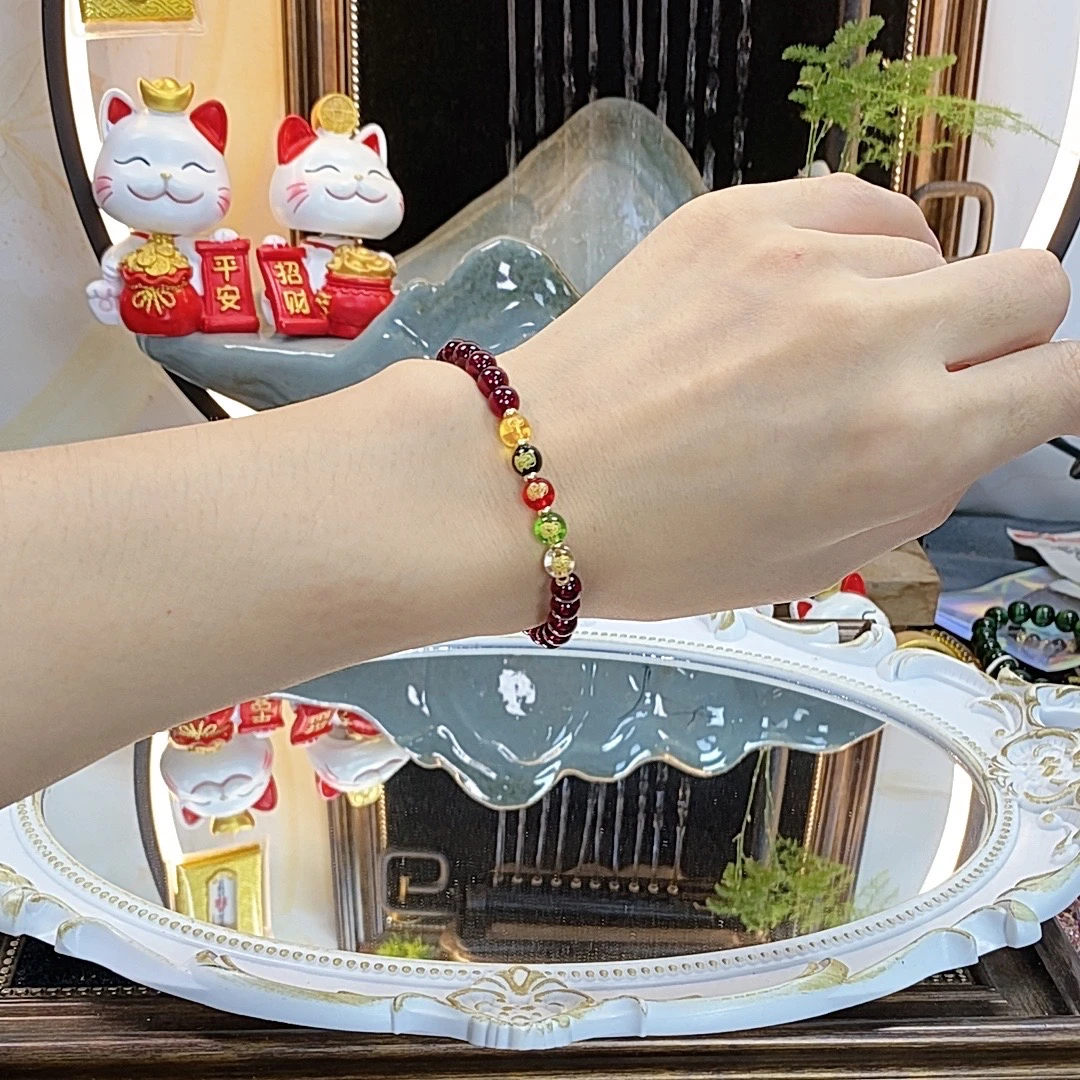 合金琉璃手链 816石榴红色6mm小珠子五路财爷转运珠单圈手串女款