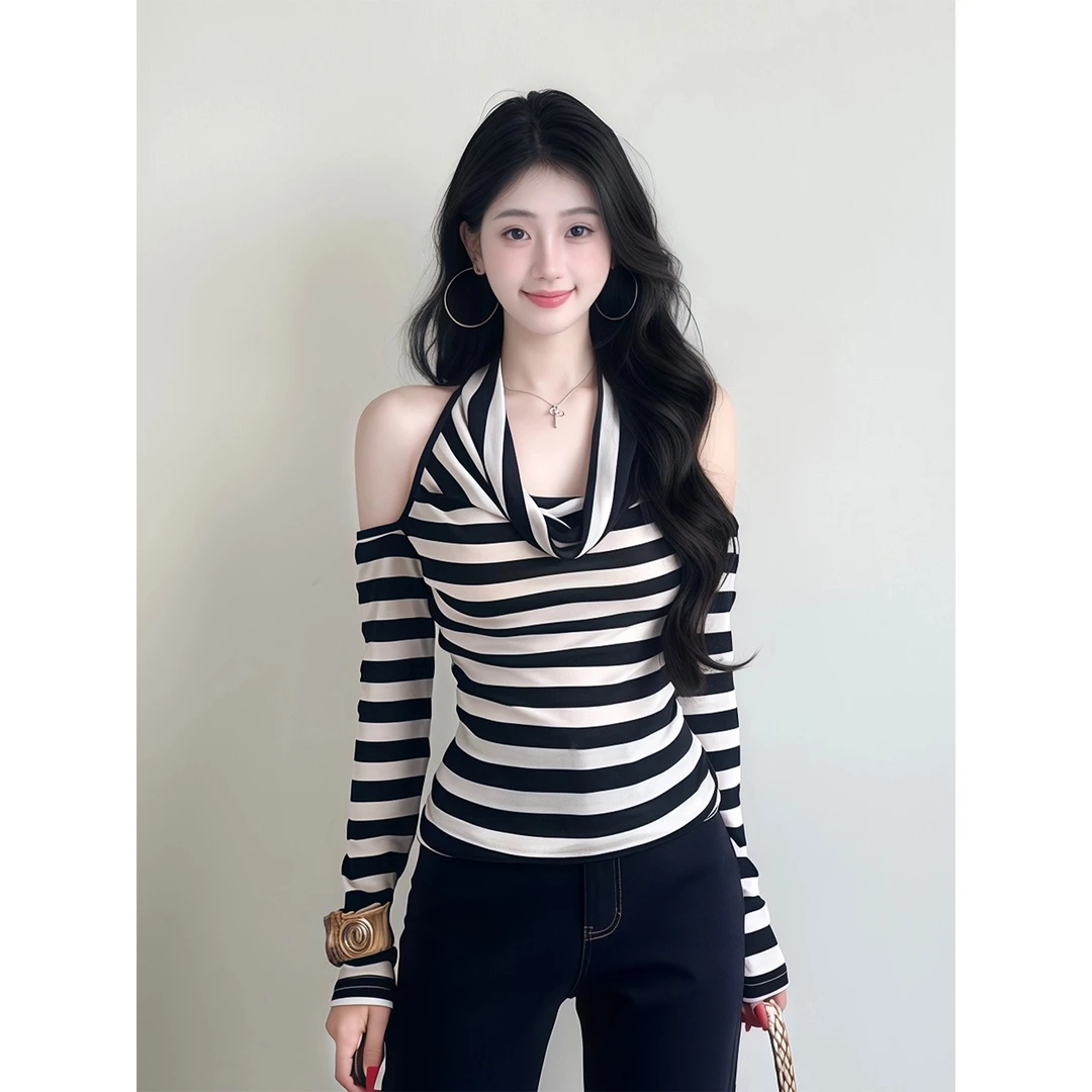 辣妹风荡领撞色条纹长袖T恤女2025秋季新款修身显瘦挂脖露肩上衣