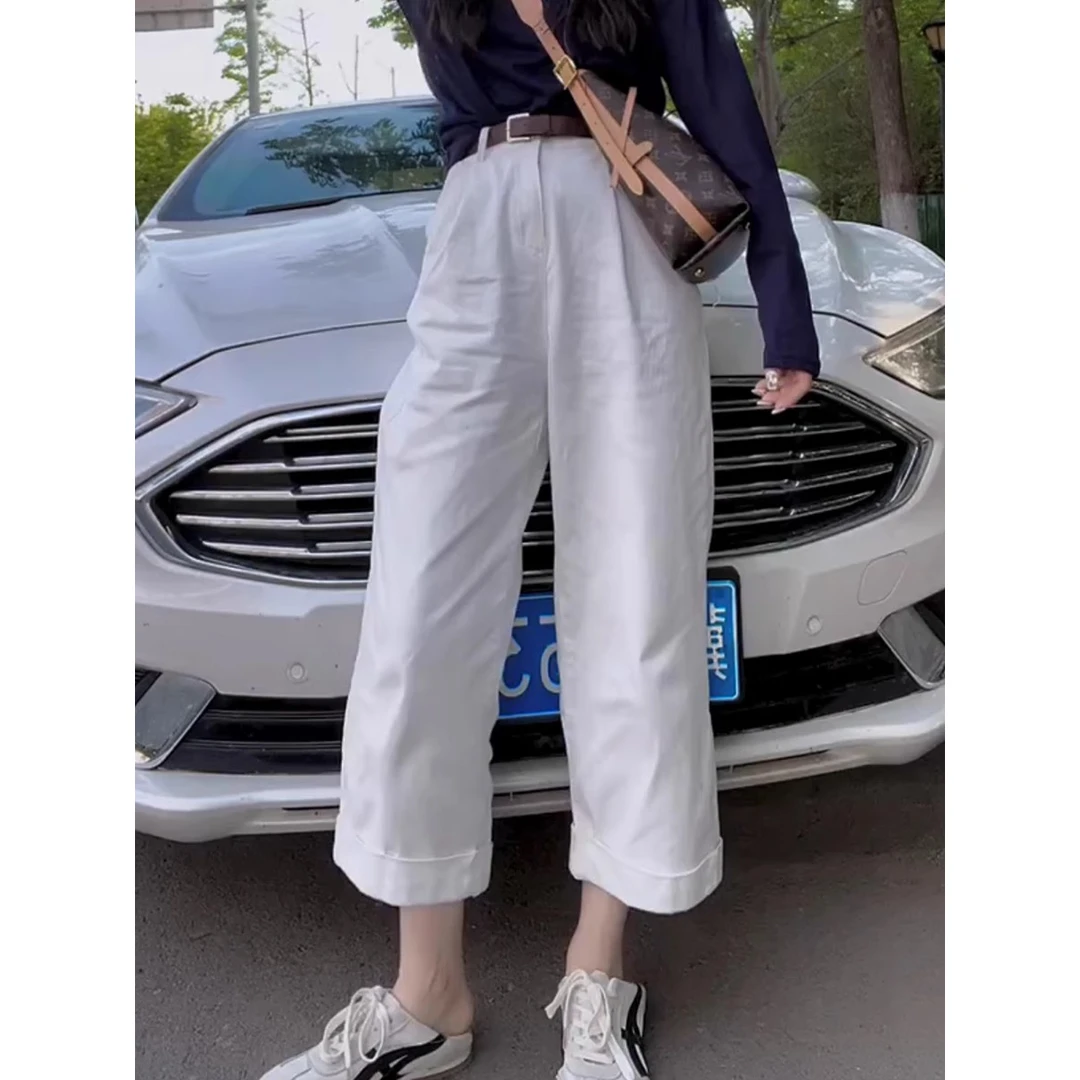 百搭简约白色休闲直筒裤女2025夏季薄款高腰宽松显瘦九分法棍裤子