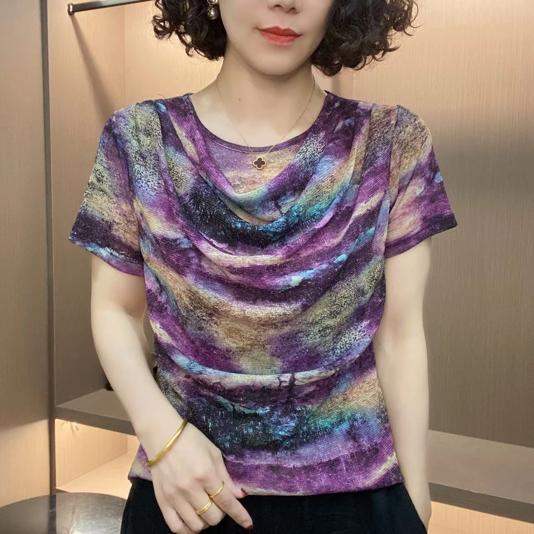 夏装时尚女装母亲节气质显瘦时尚短袖堆堆领印花百搭中老年妈妈装