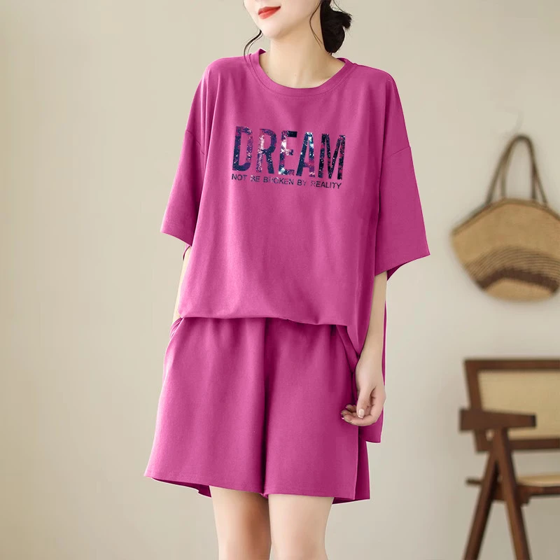 夏季时尚休闲运动套装女士洋气减龄品质短袖短裤两件套大码宽松潮