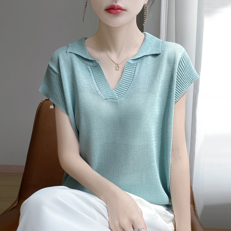 【现货宠粉】新款翻领女短袖针织衫短袖宽松时尚夏季薄百搭大码T恤