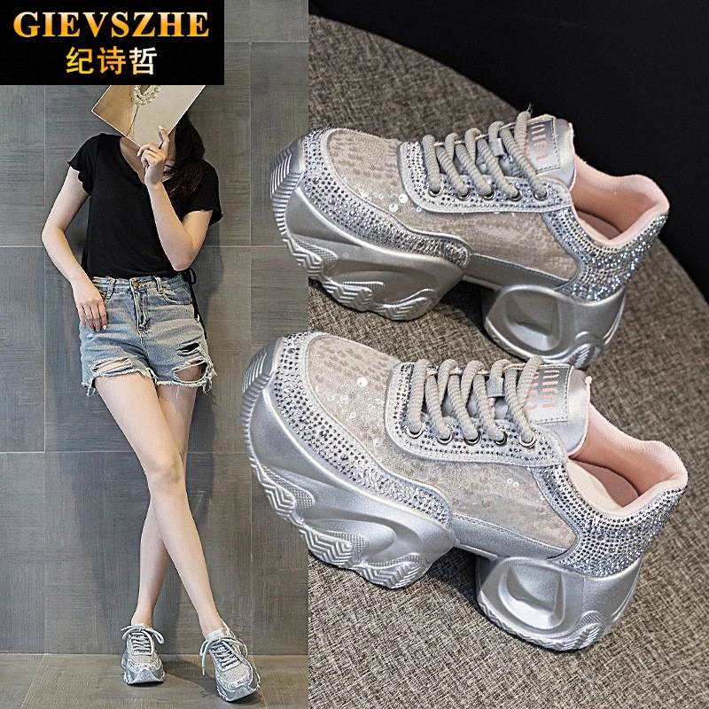 纪诗哲网面小个子轻奢女鞋新款百搭水钻厚底老爹鞋时尚休闲运动鞋