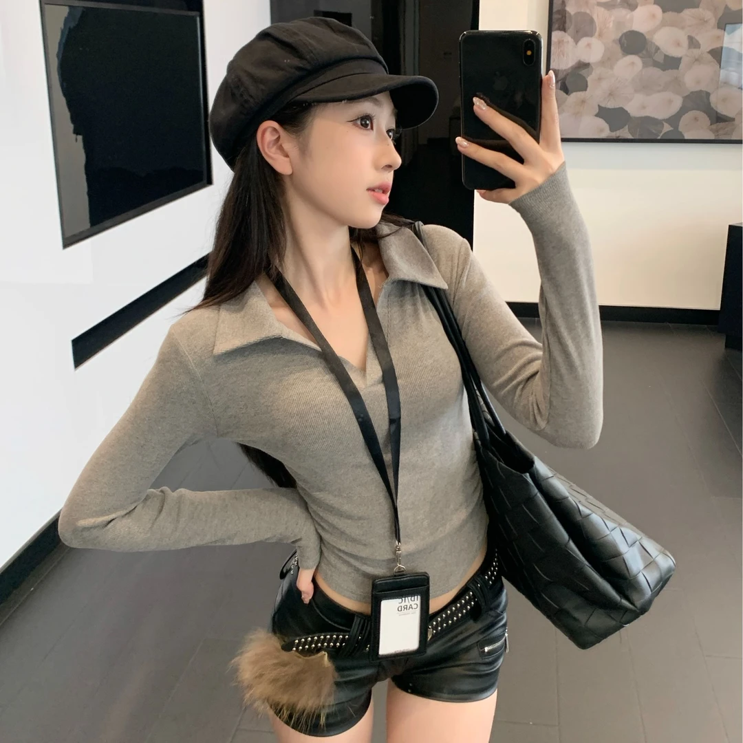 辣妹v领polo长袖t恤女秋冬外穿韩版长袖修身显瘦内搭打底衫上衣