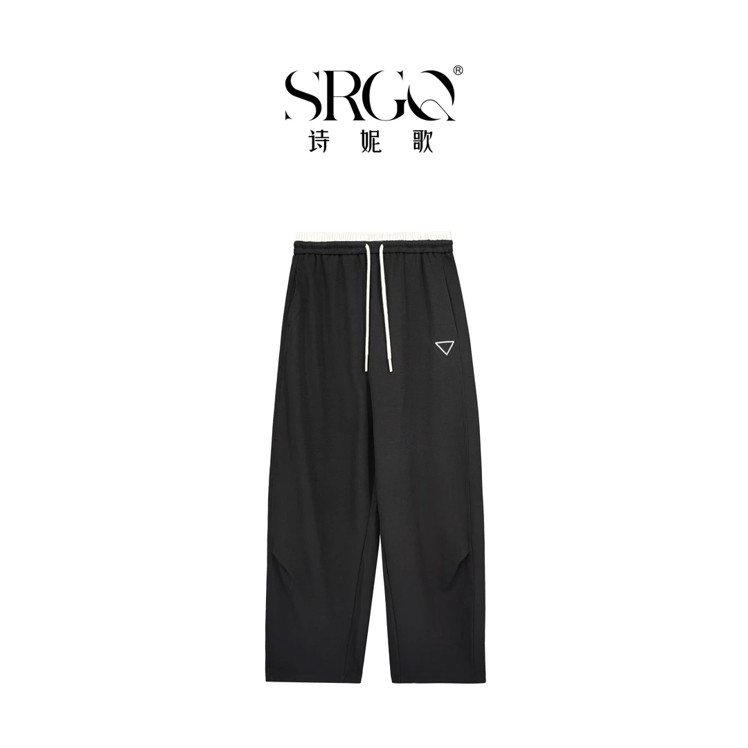 诗妮歌【经典三角休闲裤】奢感系列~高奢刺绣三角标直筒高腰休闲裤