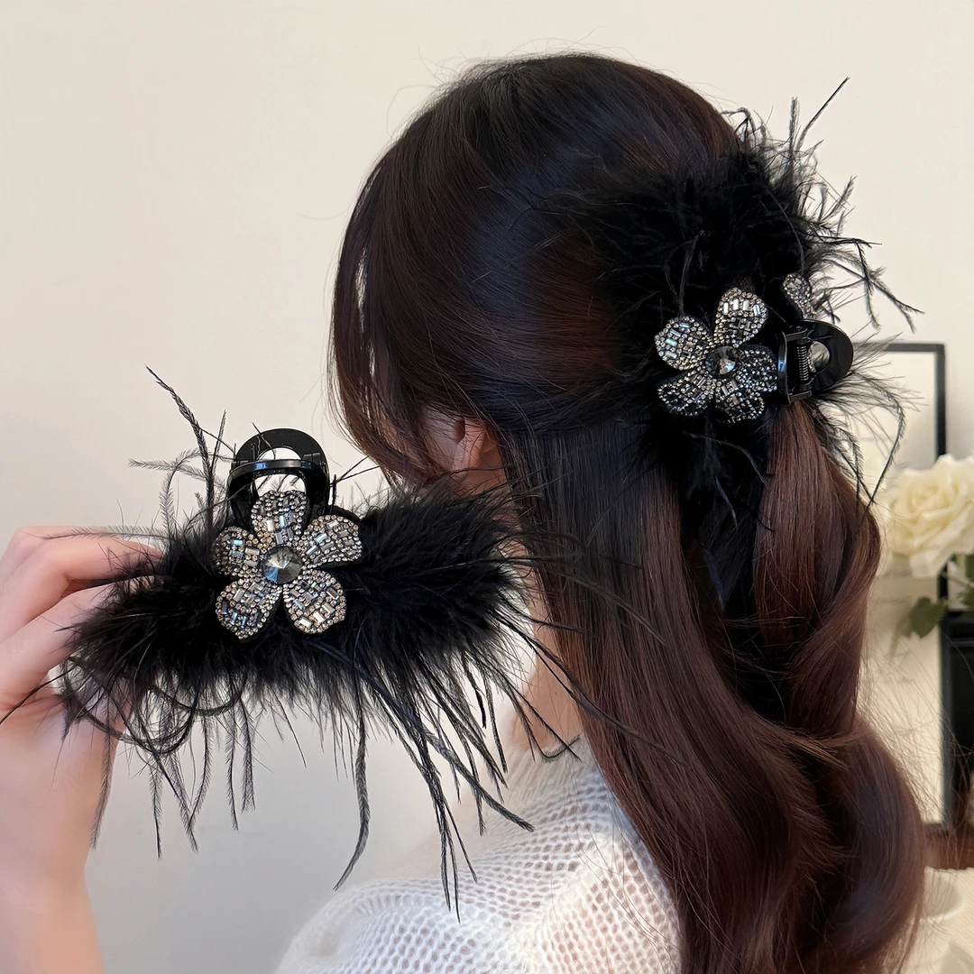 超仙气质高级感羽毛立体花卉轻奢抓夹女后脑勺盘发鲨鱼夹发卡头饰