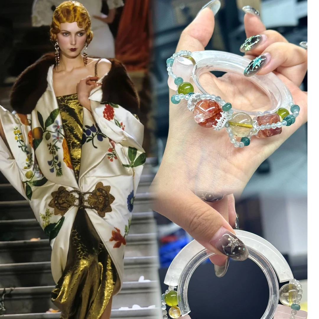 CB4678【绿色丝绒礼裙】黄胶花 金发晶 岫玉 白幽灵半镯 水晶手串