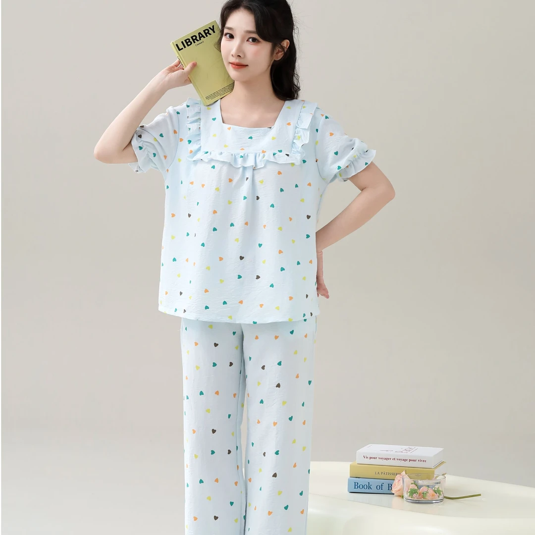 夏季短袖睡衣女带胸垫可爱卡通舒适家居服套装（三件套）