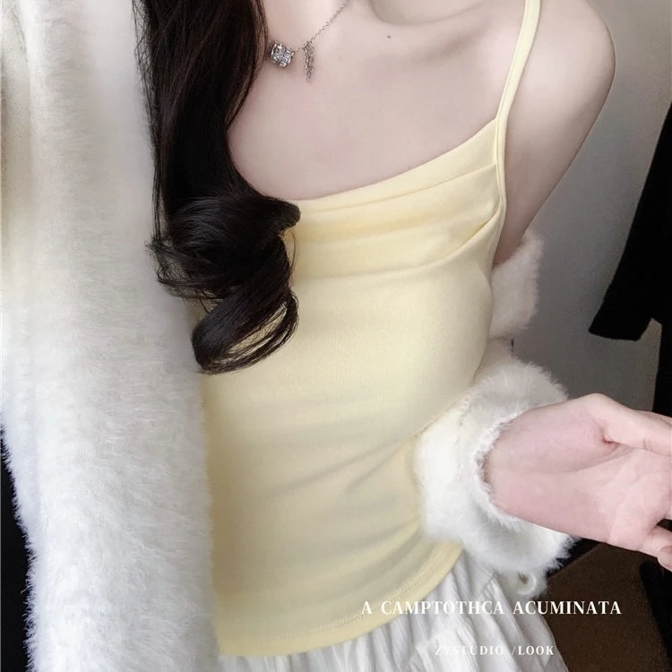 设计感小众甜辣chic超好看褶皱带胸垫吊带背心女内搭美背打底上衣